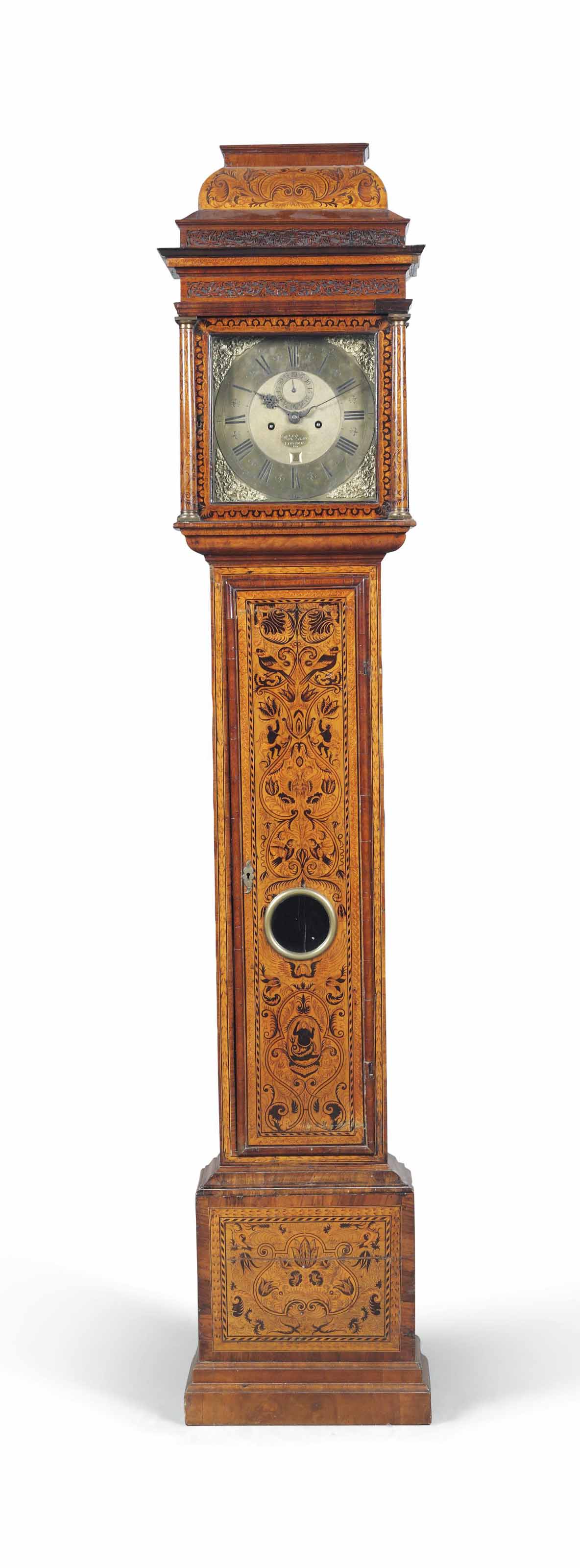 A QUEEN ANNE WALNUT AND MARQUETRY STRIKING LONGCASE CLOCK , THE